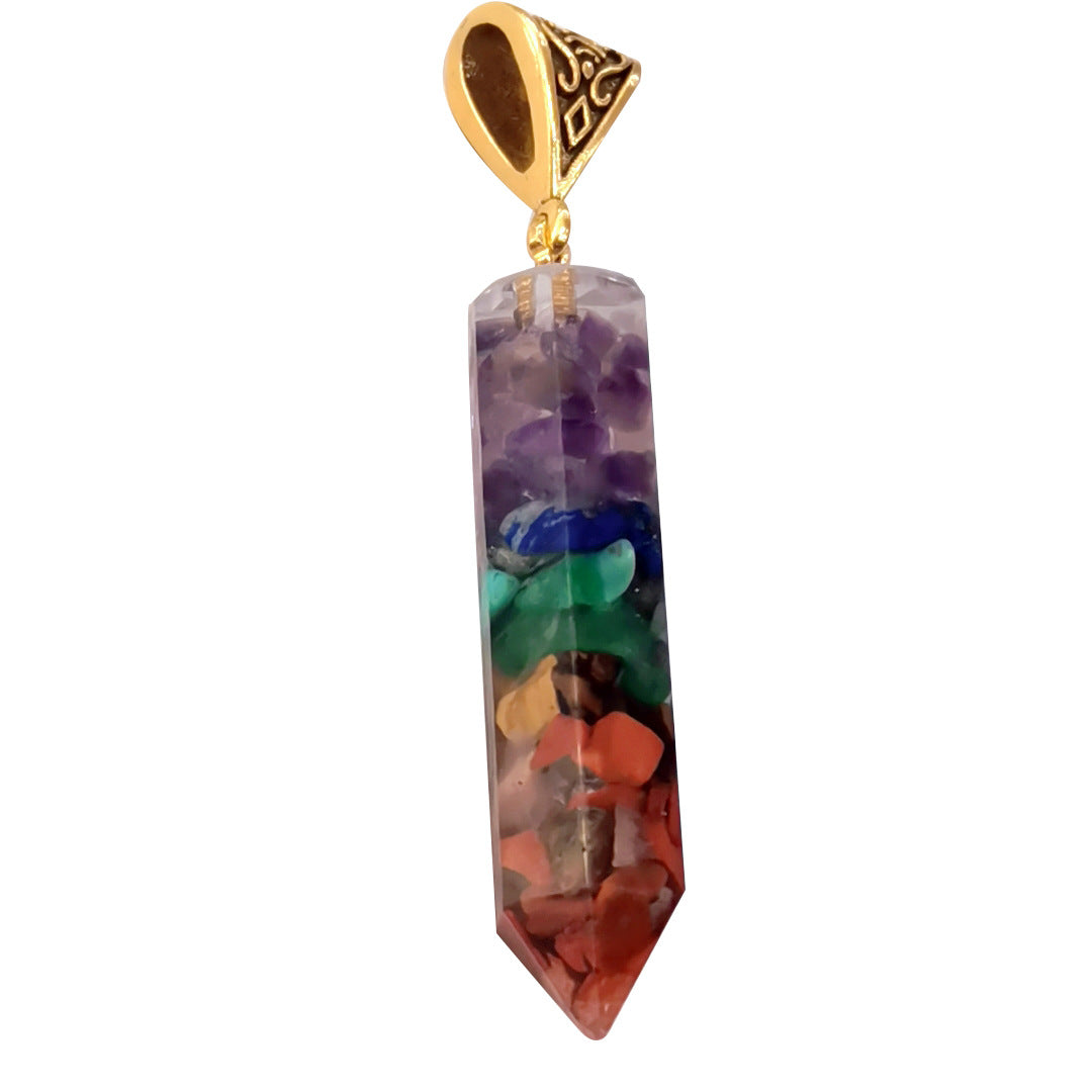 Seven Chakra Natural Crushed Stone Hexagon Column Necklace Aura Pendant - Blu Obsidian