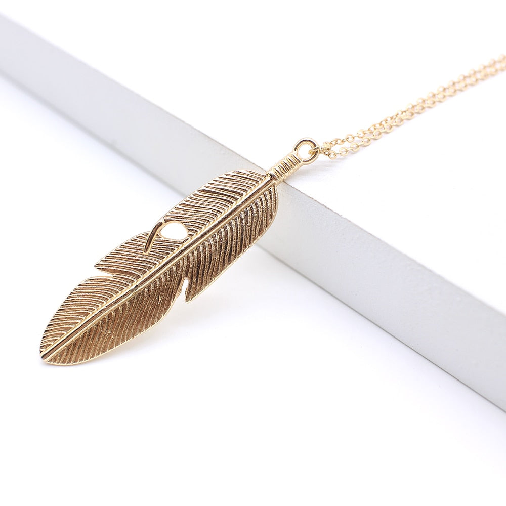 Simple feather necklace leaves long sweater chain clothing - Blu Obsidian