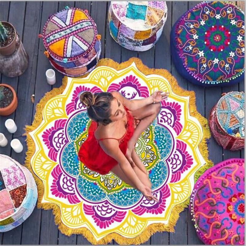 Polygon Printing Tassel Round Bath Towel Yoga Mat - Blu Obsidian