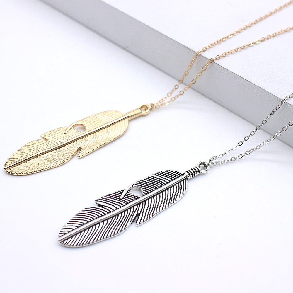 Simple feather necklace leaves long sweater chain clothing - Blu Obsidian