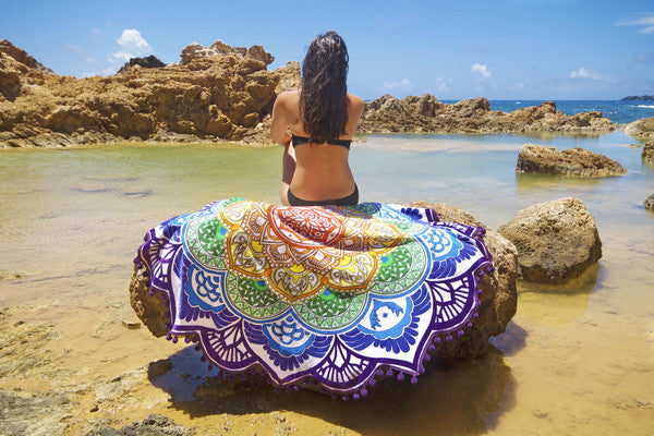 Polygon Printing Tassel Round Bath Towel Yoga Mat - Blu Obsidian