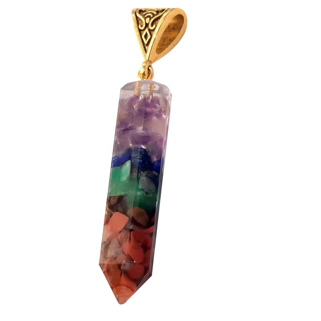 Seven Chakra Natural Crushed Stone Hexagon Column Necklace Aura Pendant - Blu Obsidian
