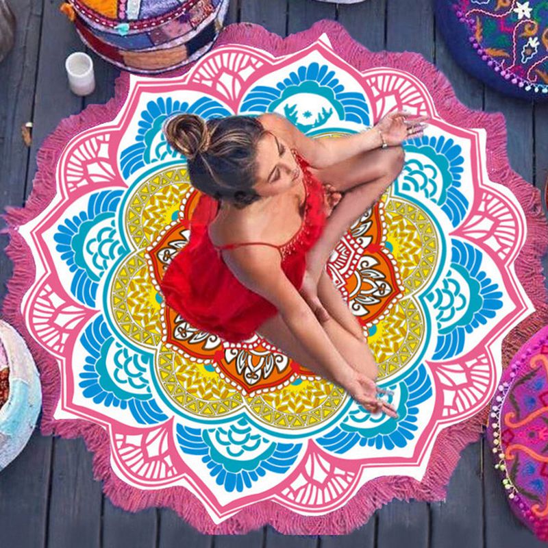 Polygon Printing Tassel Round Bath Towel Yoga Mat - Blu Obsidian