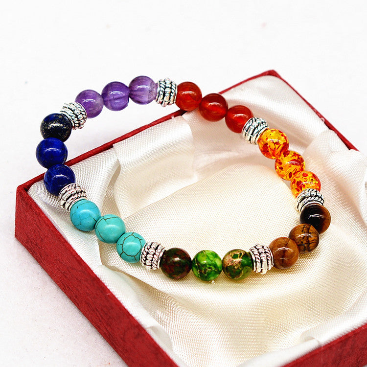 Reiki ancient silver natural stone agate tiger colorful crystal bracelet seven chakra Yoga Bracelet - Blu Obsidian