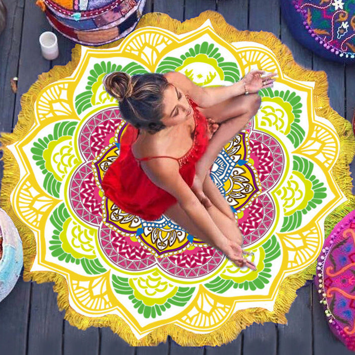 Polygon Printing Tassel Round Bath Towel Yoga Mat - Blu Obsidian