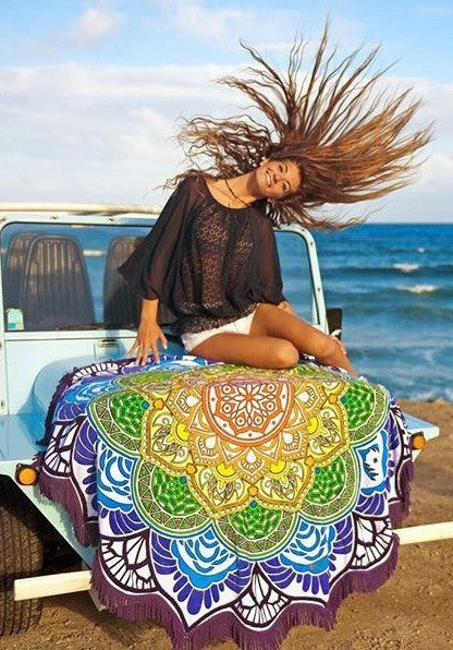 Polygon Printing Tassel Round Bath Towel Yoga Mat - Blu Obsidian