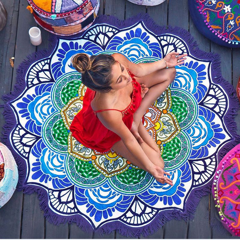 Polygon Printing Tassel Round Bath Towel Yoga Mat - Blu Obsidian