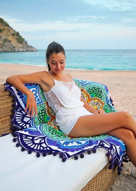 Polygon Printing Tassel Round Bath Towel Yoga Mat - Blu Obsidian