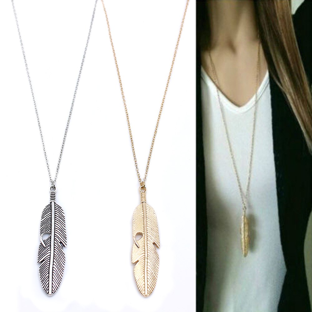 Simple feather necklace leaves long sweater chain clothing - Blu Obsidian