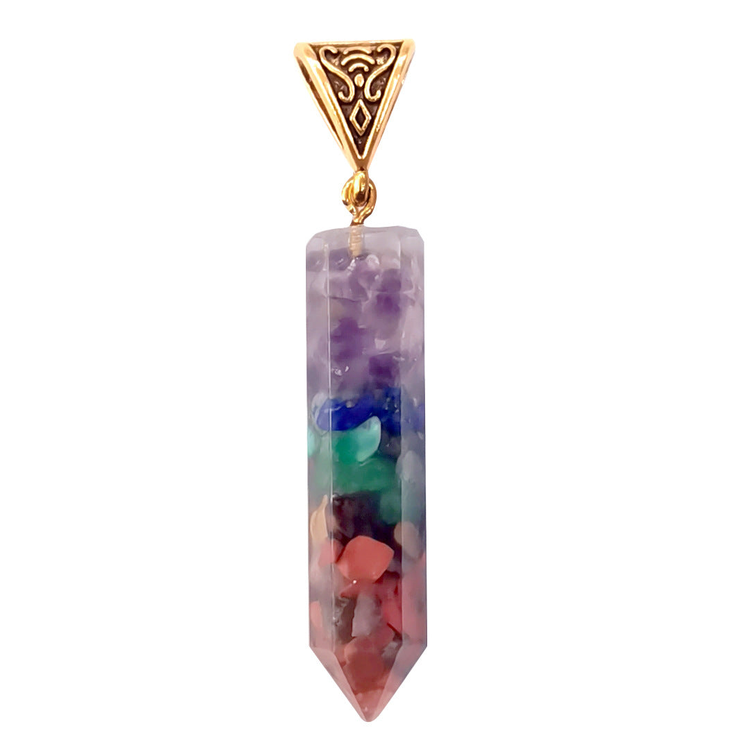 Seven Chakra Natural Crushed Stone Hexagon Column Necklace Aura Pendant - Blu Obsidian