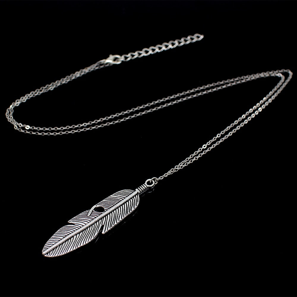 Simple feather necklace leaves long sweater chain clothing - Blu Obsidian